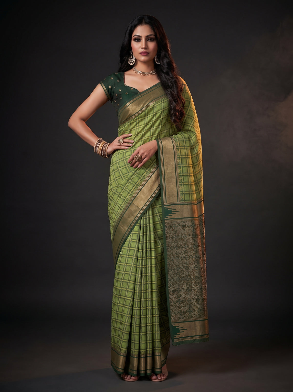 MIMOSA Olive Banarasi Saree — pose 4 styling detail