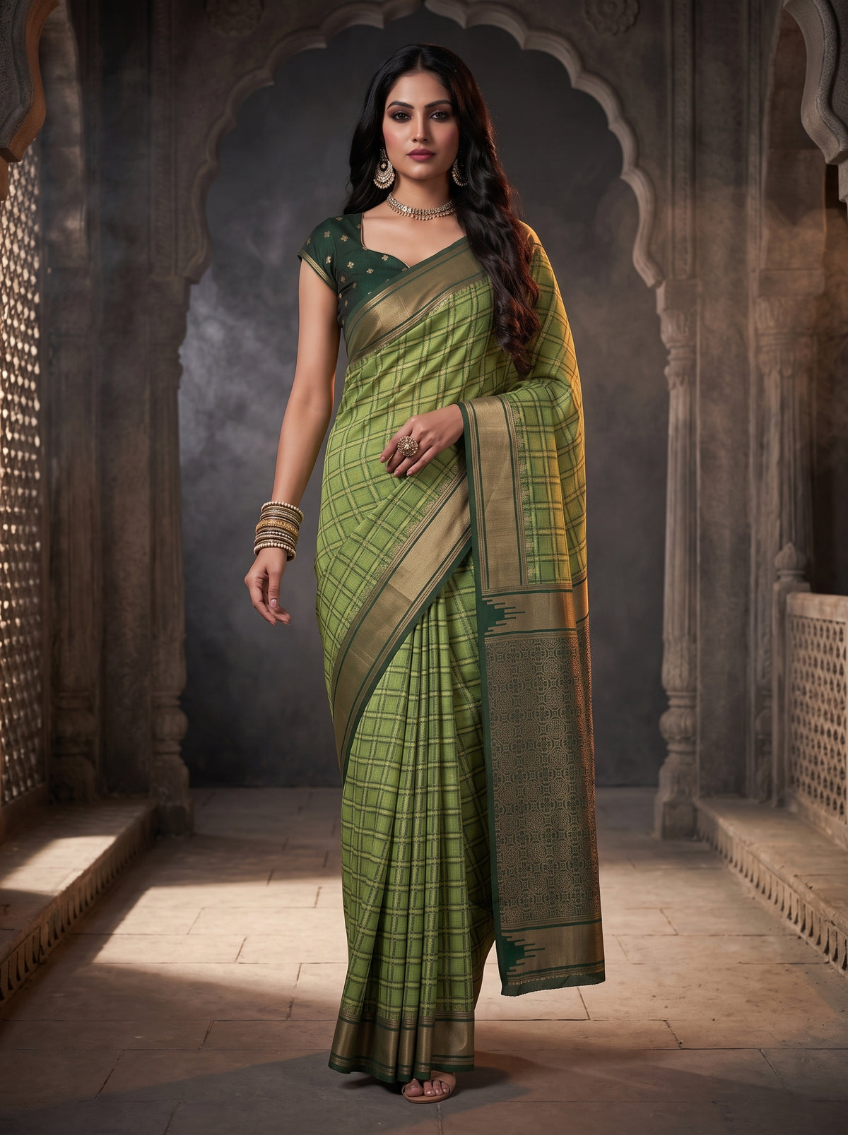 MIMOSA Olive Banarasi Saree — pose 6 styling detail
