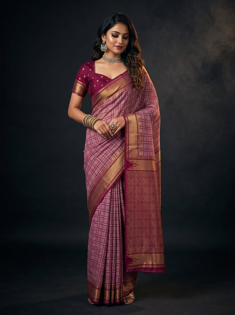 MIMOSA Pink Banarasi Saree — front view on mannequin