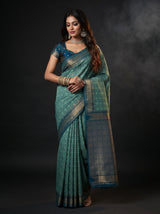 MIMOSA Rama Banarasi Saree — front view on mannequin