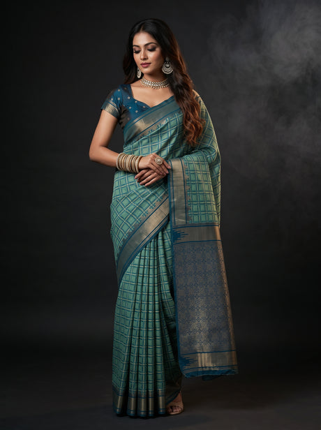 MIMOSA Rama Banarasi Saree — front view on mannequin