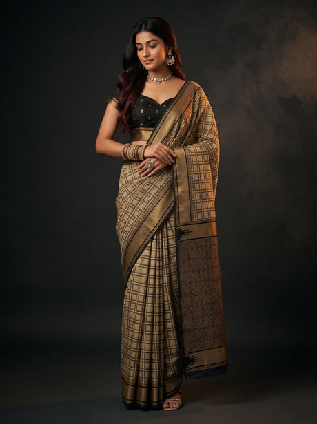 MIMOSA Tussar Banarasi Saree — front view on mannequin