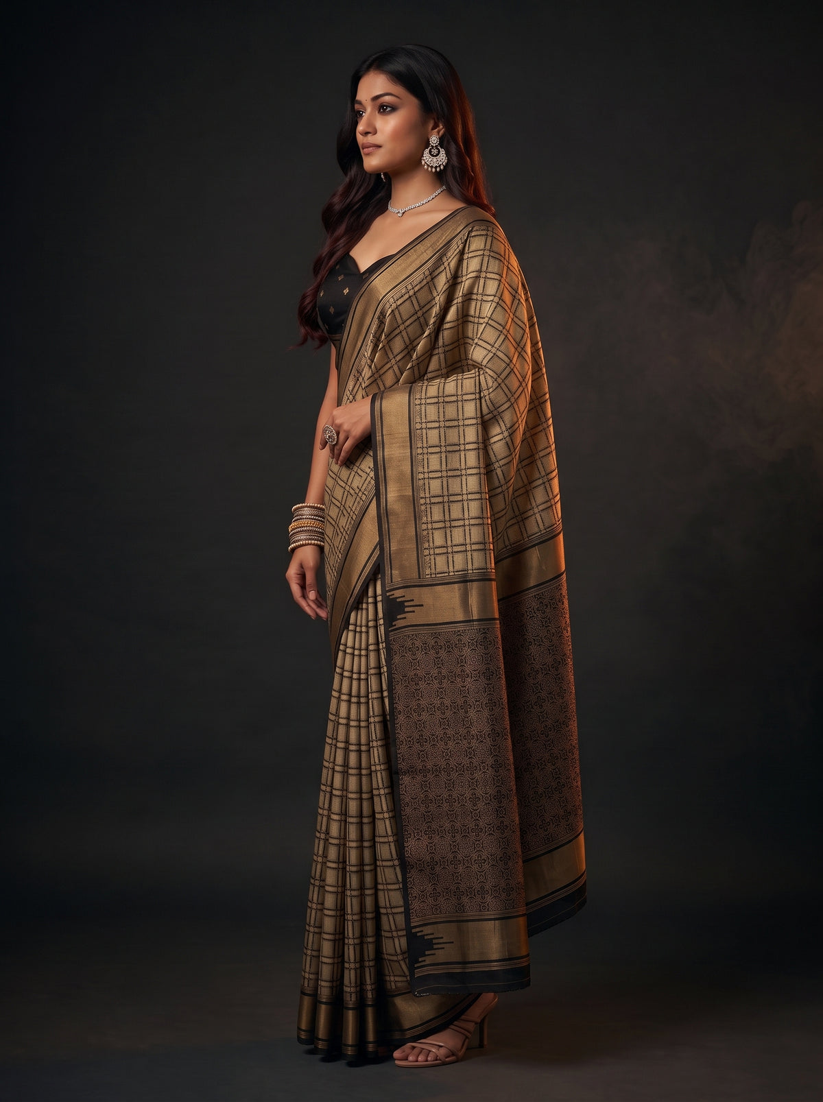 MIMOSA Tussar Banarasi Saree — pose 3 styling detail