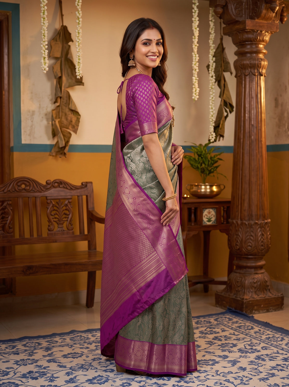 MIMOSA Green Kanjivaram Art Silk Saree — pose 10 styling detail