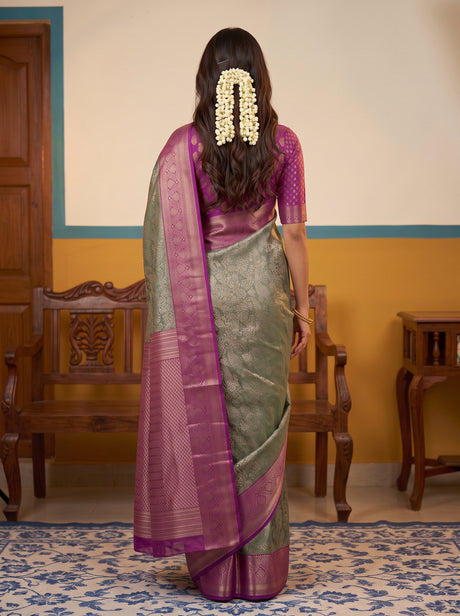 MIMOSA Green Kanjivaram Art Silk Saree — Saree shot pallu and body