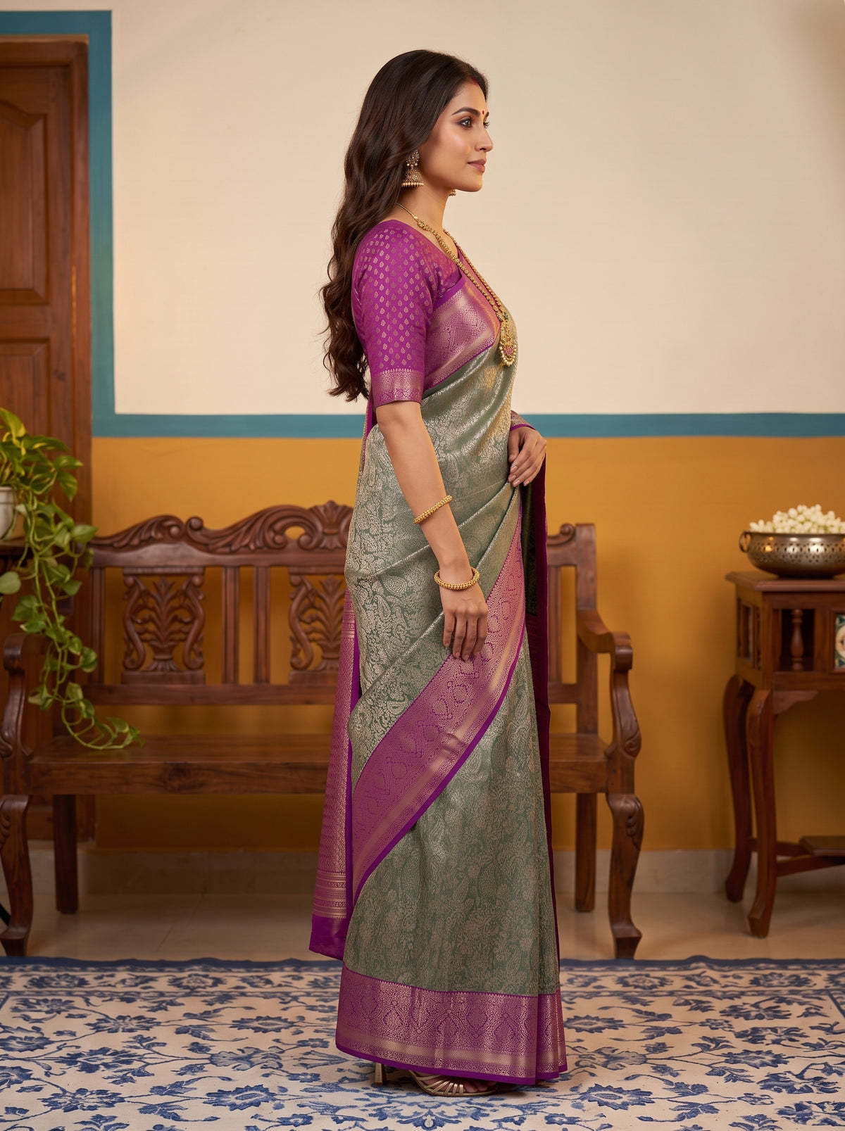 MIMOSA Green Kanjivaram Art Silk Saree — pose 3 styling detail