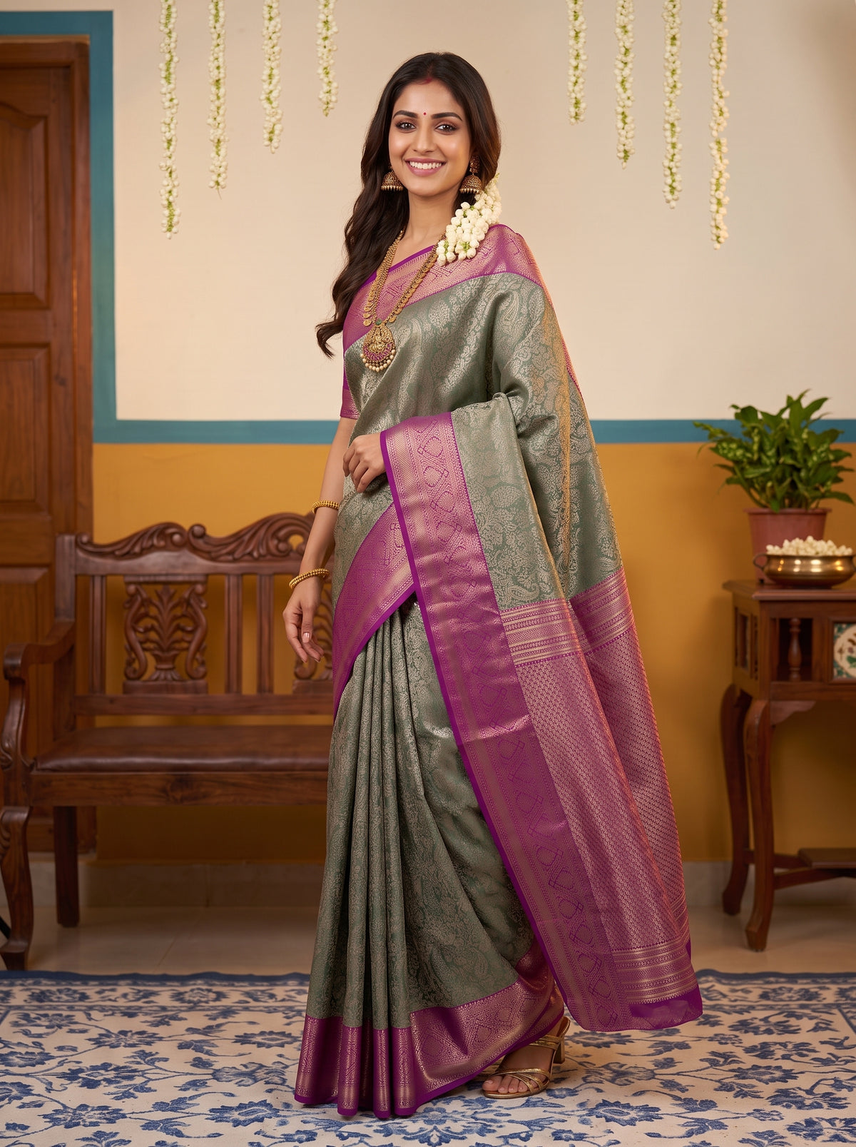 MIMOSA Green Kanjivaram Art Silk Saree — pose 9 styling detail