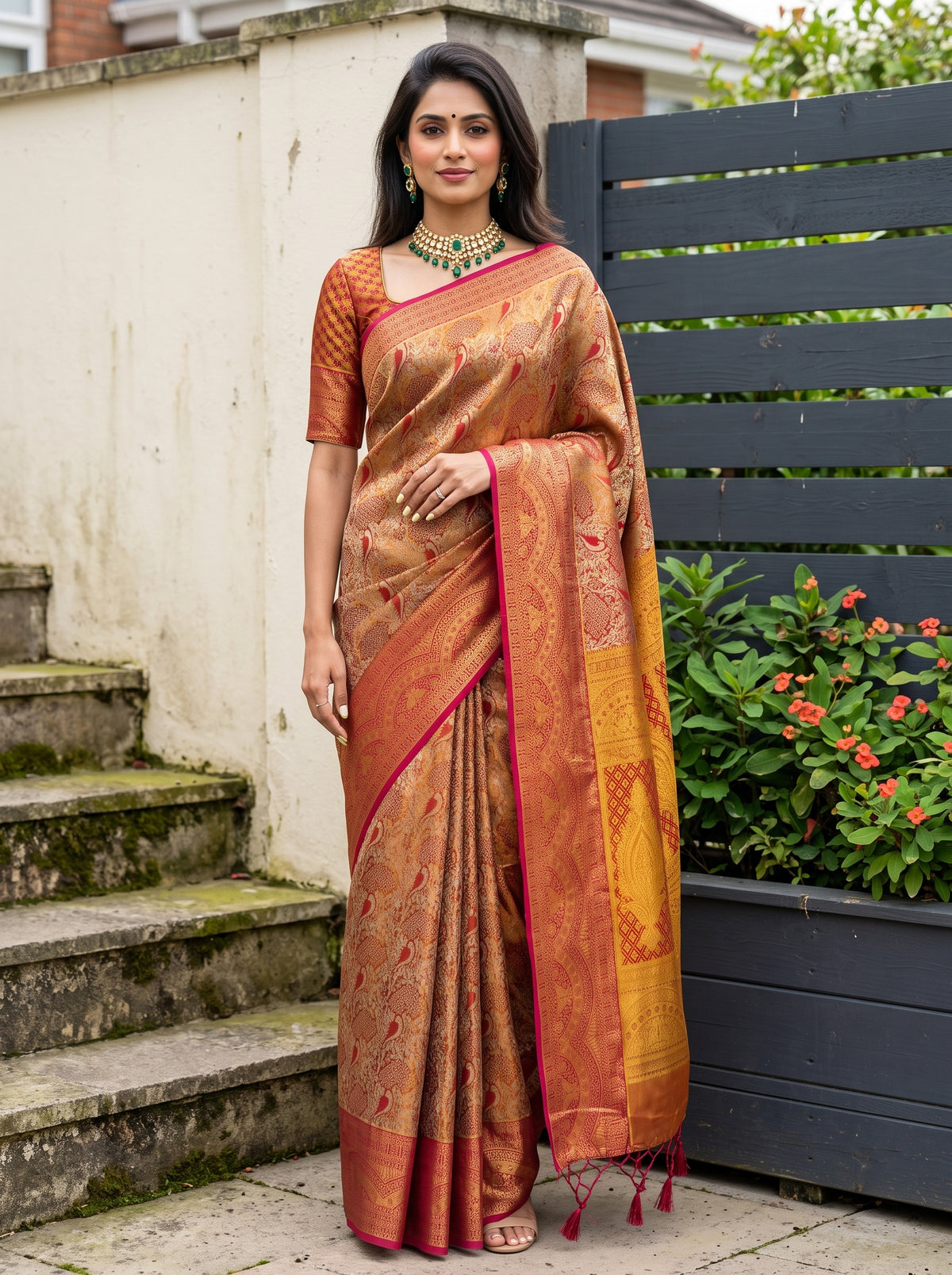MIMOSA Red Kanjivaram Art Silk Saree — Model wearing saree