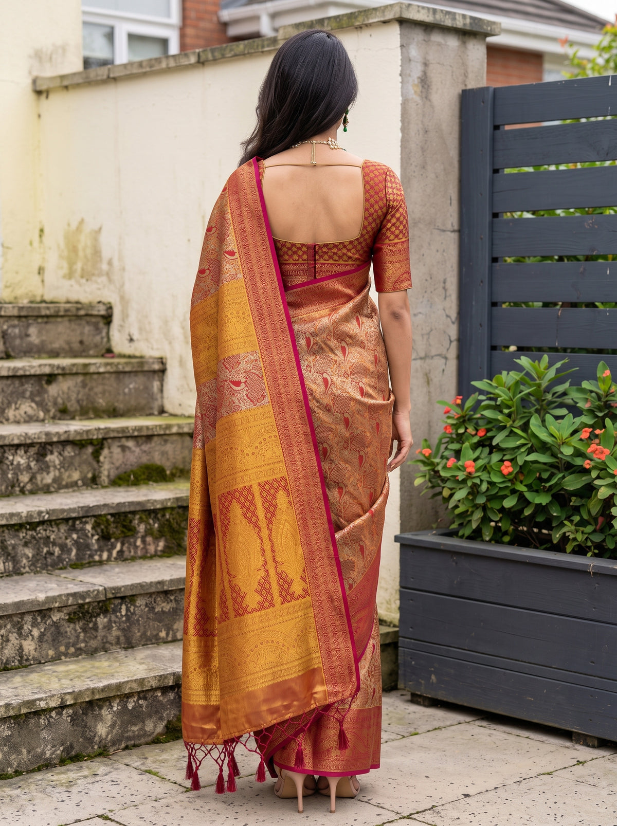 MIMOSA Red Kanjivaram Art Silk Saree — Close-up of model's face and jewellery