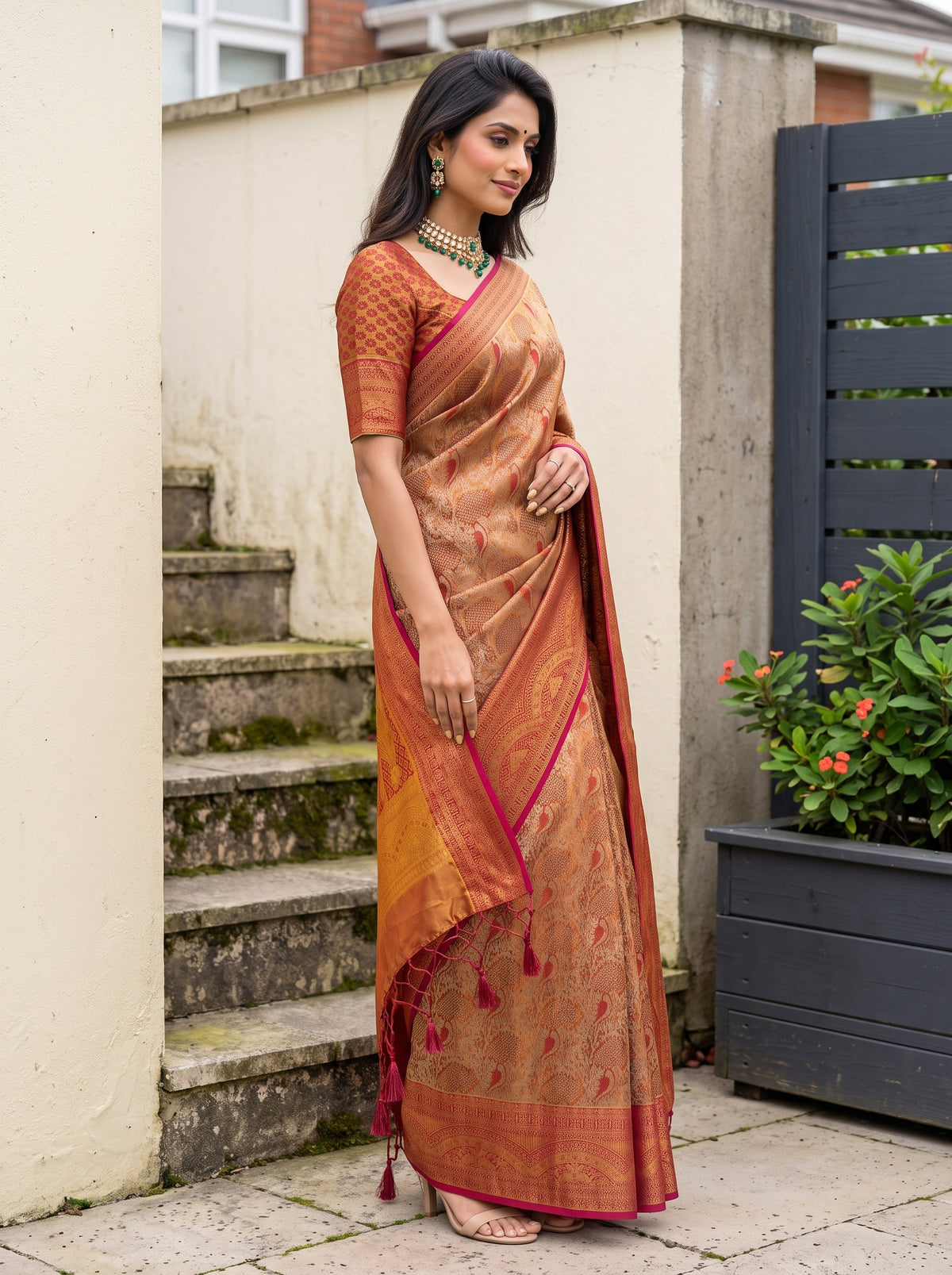 MIMOSA Red Kanjivaram Art Silk Saree — Close-up of model's arm and saree body
