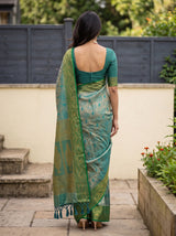MIMOSA Sapphire Kanjivaram Art Silk Saree — Close-up of model's face and jewellery