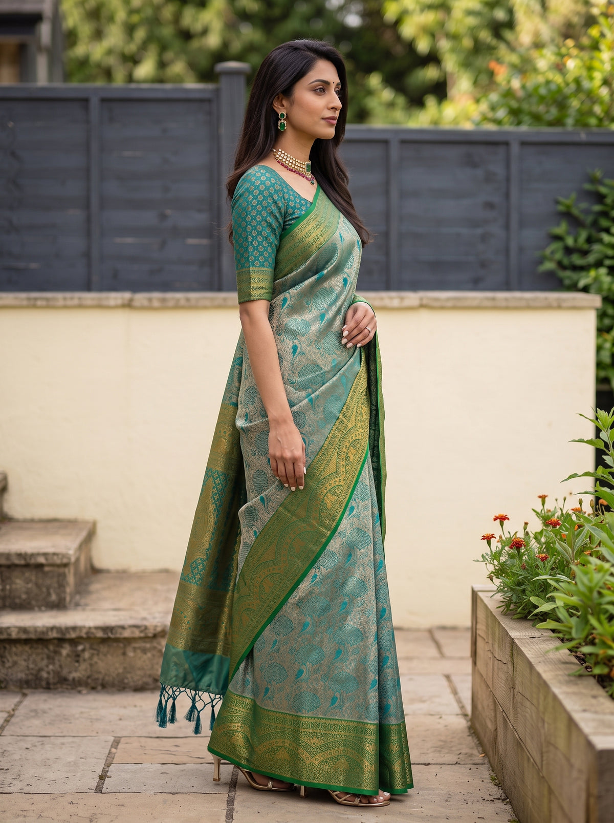 MIMOSA Sapphire Kanjivaram Art Silk Saree — Close-up of model's arm and saree body