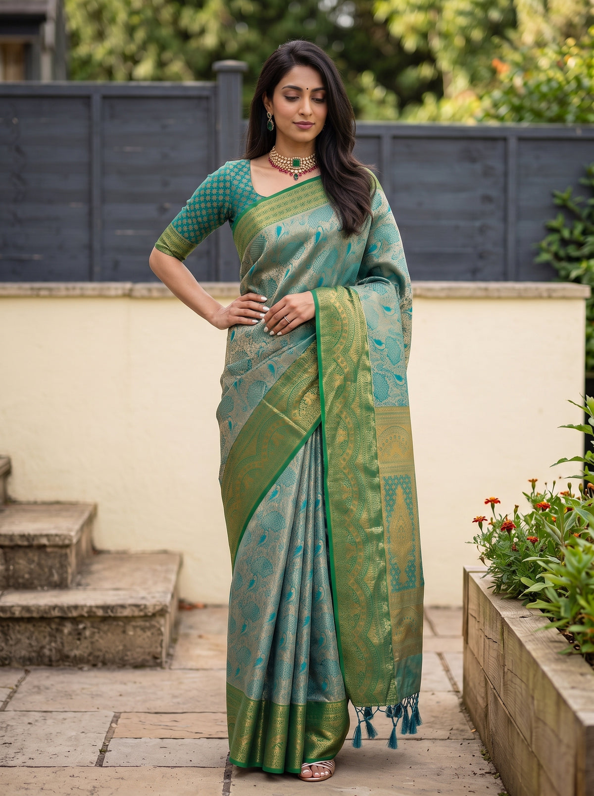 MIMOSA Sapphire Kanjivaram Art Silk Saree — Close-up of saree pleats and border