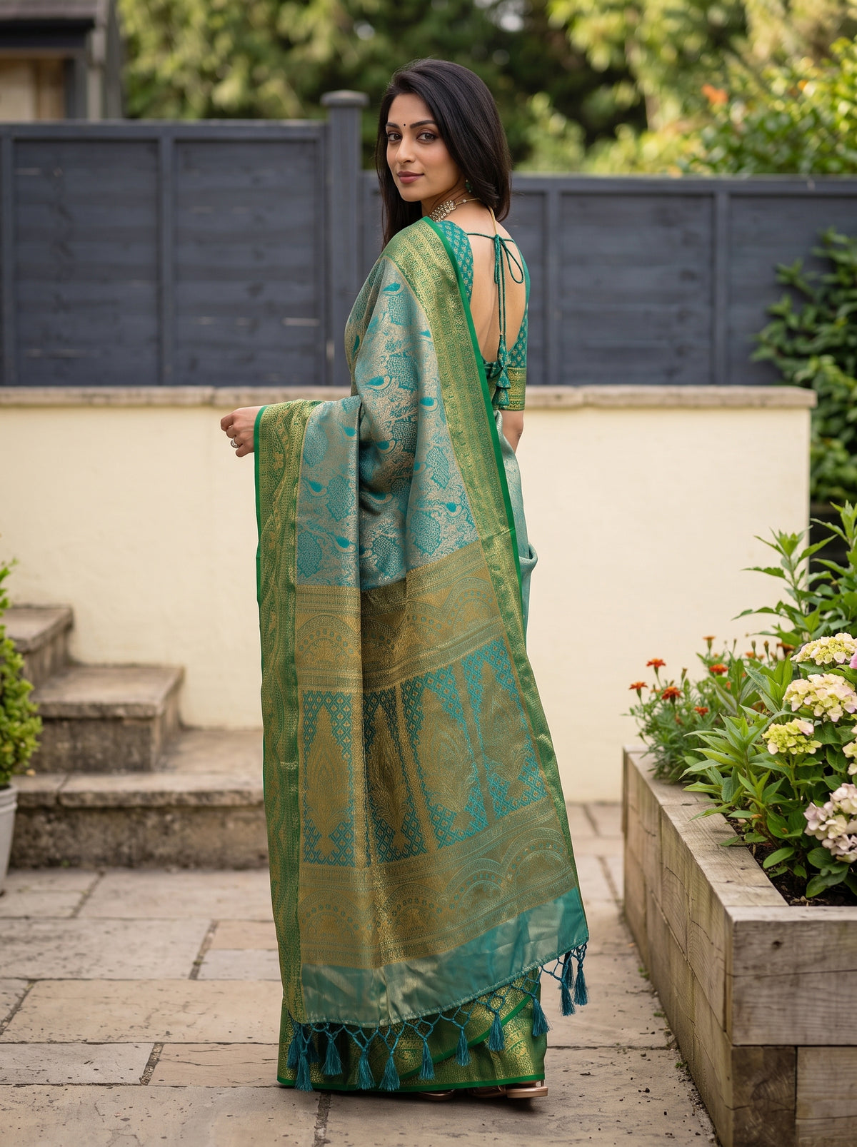 MIMOSA Sapphire Kanjivaram Art Silk Saree — Full view of saree draped on model