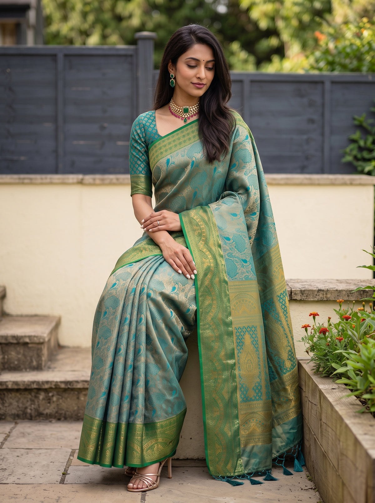 MIMOSA Sapphire Kanjivaram Saree — pose 8 styling detail