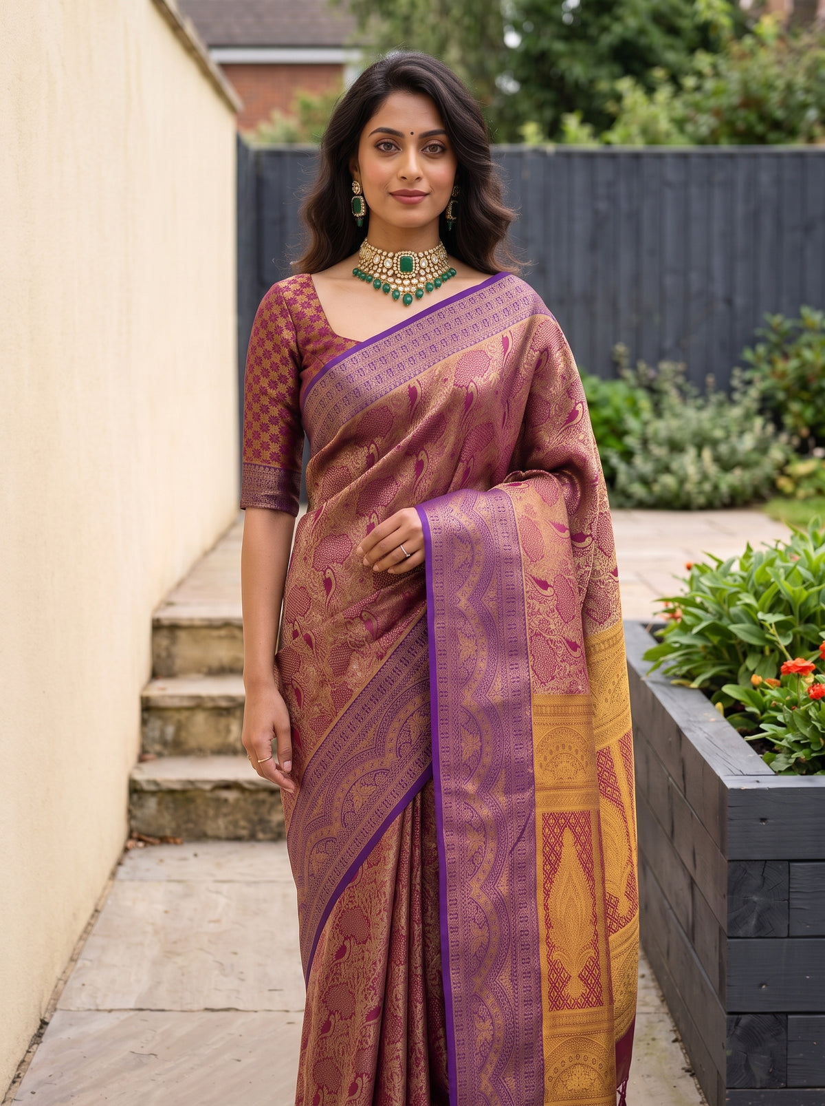 MIMOSA Wine Kanjivaram Saree — pose 10 styling detail