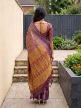 MIMOSA Wine Kanjivaram Art Silk Saree — Close-up of model's face and jewellery