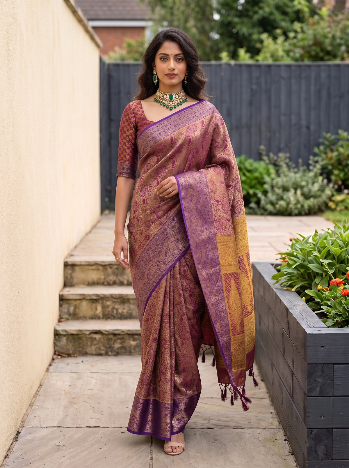 MIMOSA Wine Kanjivaram Art Silk Saree — Close-up of saree pleats and border
