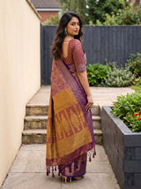 MIMOSA Wine Kanjivaram Art Silk Saree — Full view of saree draped on model