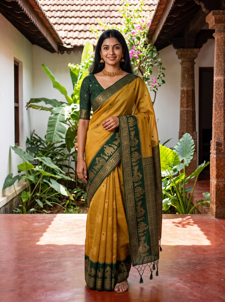 MIMOSA Mustard Banarasi Saree — front view on mannequin