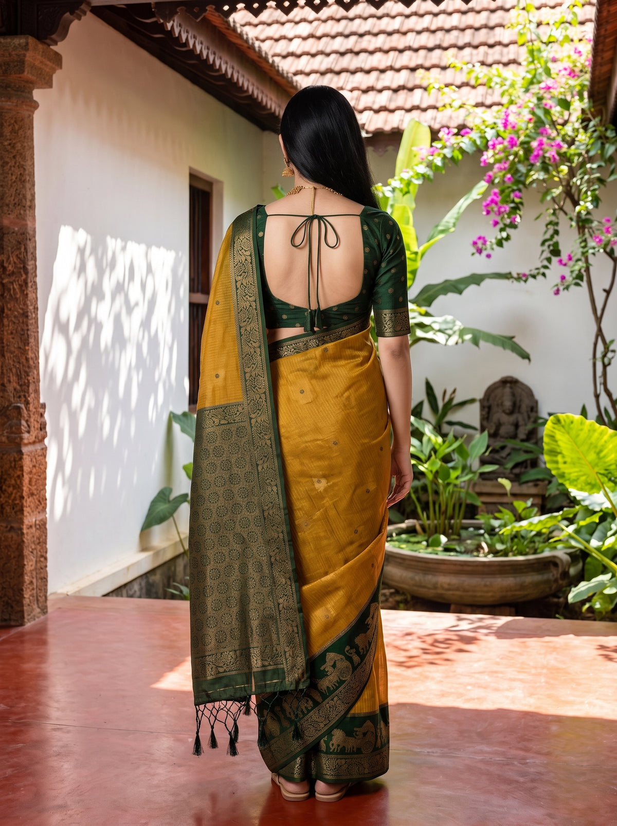 MIMOSA Mustard Banarasi Saree — pose 2 styling detail