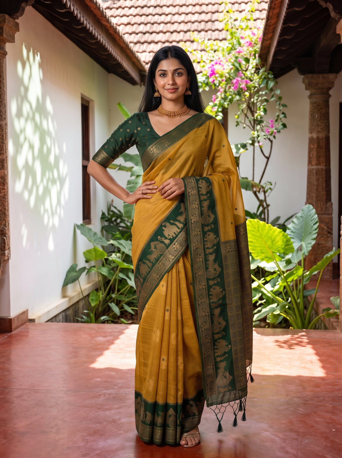 MIMOSA Mustard Banarasi Saree — pose 4 styling detail