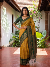 MIMOSA Mustard Banarasi Saree — pose 4 styling detail