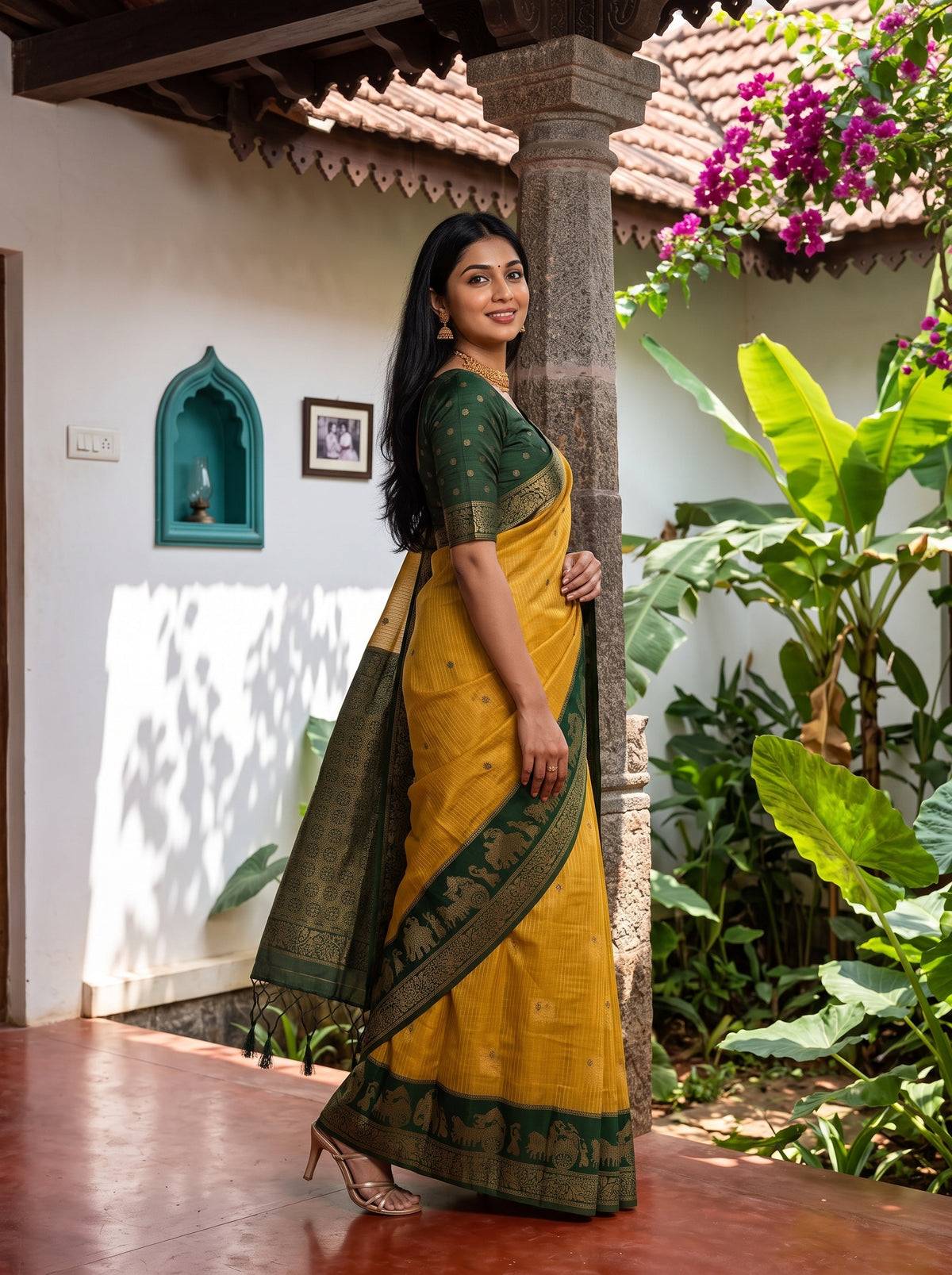 MIMOSA Mustard Banarasi Saree — pose 5 styling detail