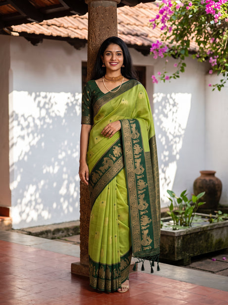 MIMOSA Parrot Green Banarasi Saree — front view on mannequin