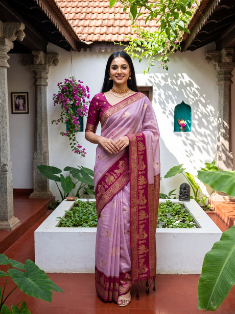 MIMOSA Pink Banarasi Saree — front view on mannequin