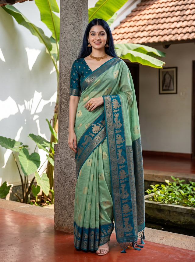 MIMOSA Rama Banarasi Saree — front view on mannequin
