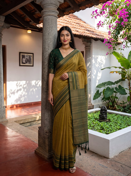 MIMOSA Mustard Banarasi Saree — front view on mannequin