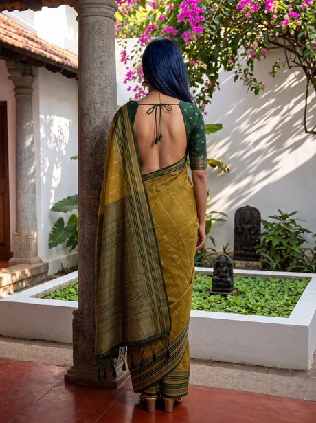 MIMOSA Mustard Banarasi Saree — pose 2 styling detail