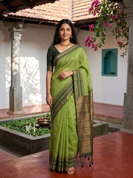 MIMOSA Parrot Green Banarasi Saree — front view on mannequin