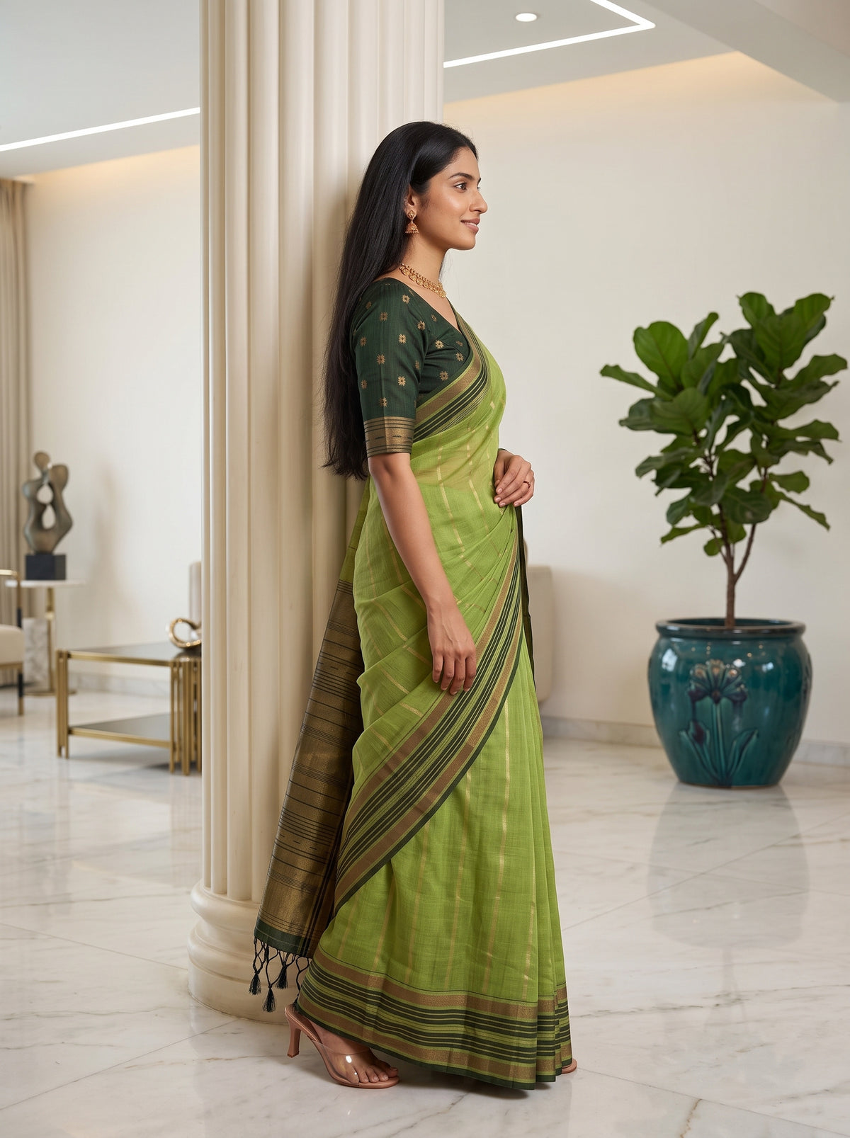 MIMOSA Parrot Green Banarasi Saree — pose 3 styling detail