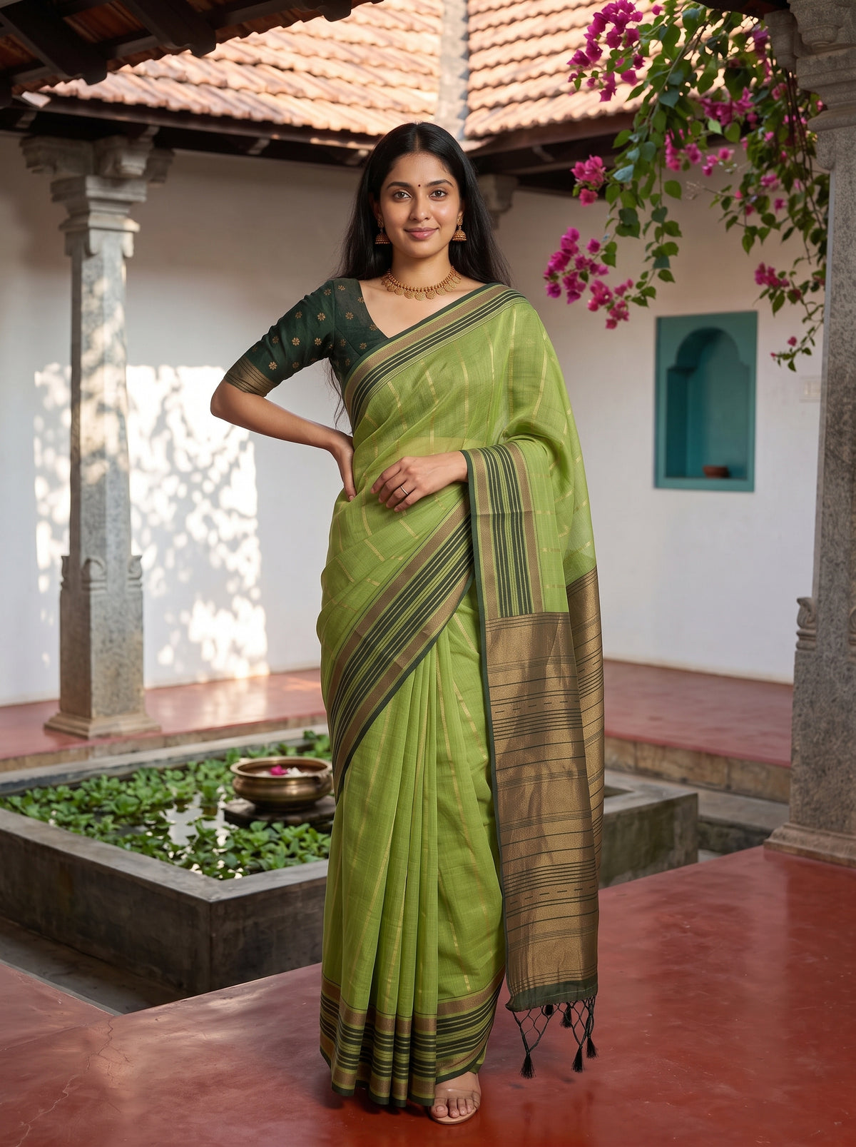 MIMOSA Parrot Green Banarasi Saree — pose 4 styling detail