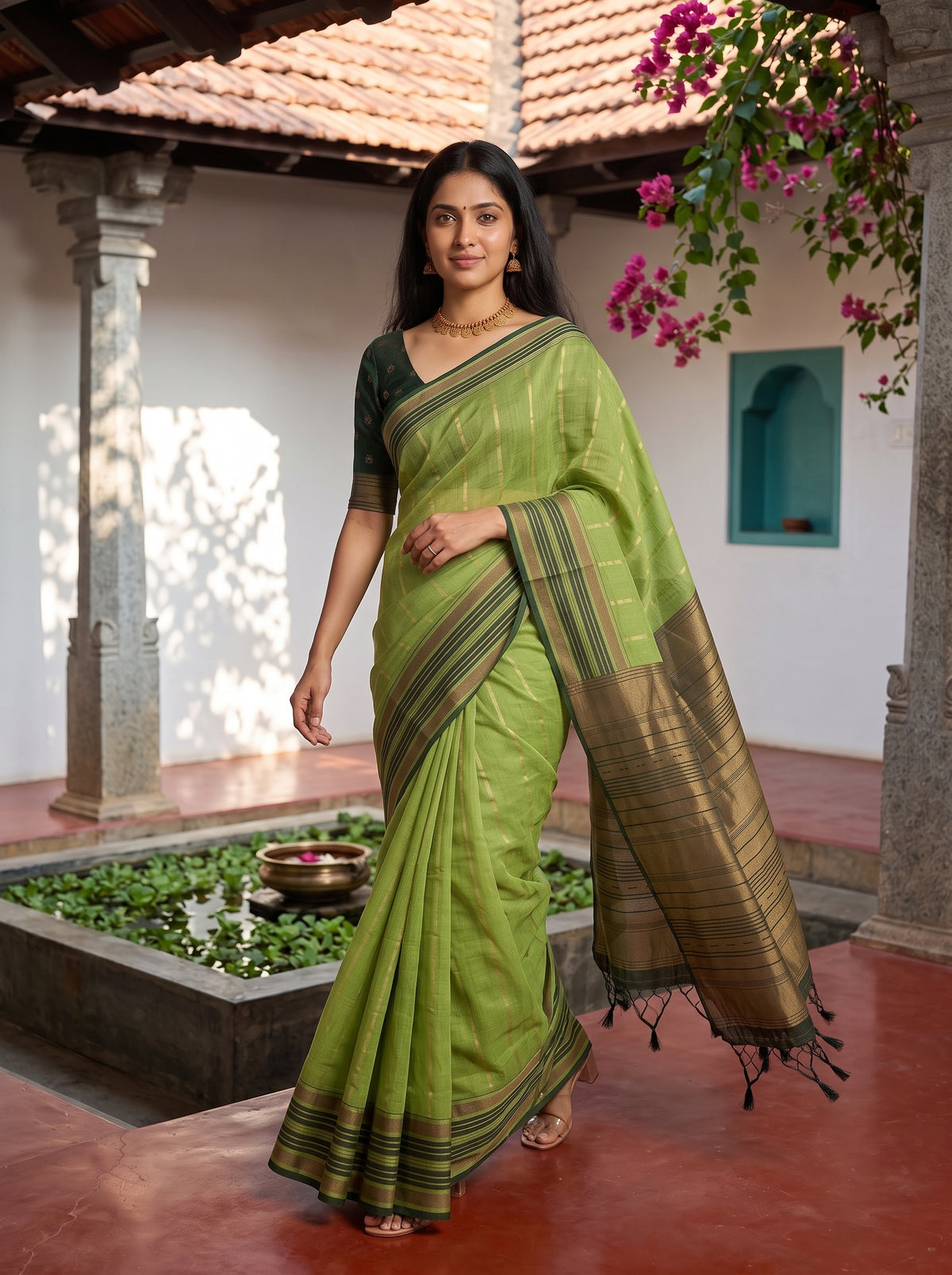 MIMOSA Parrot Green Banarasi Saree — pose 6 styling detail