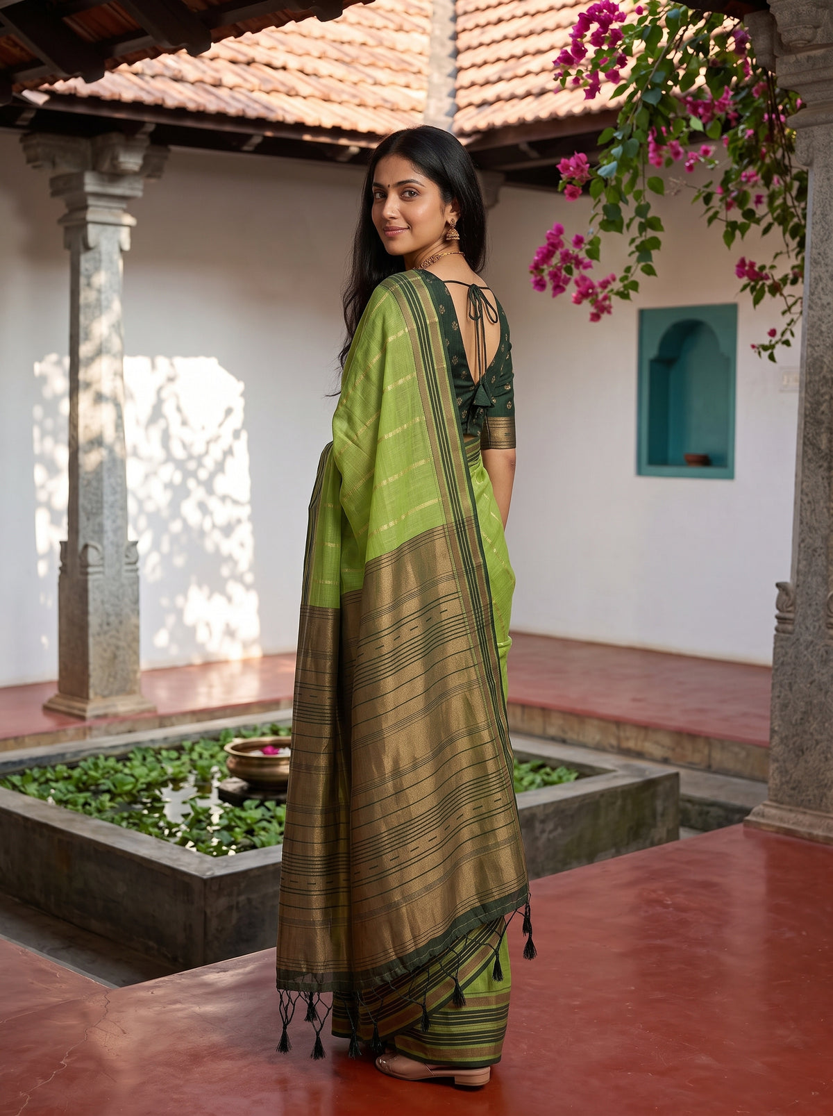 MIMOSA Parrot Green Banarasi Saree — pose 7 styling detail