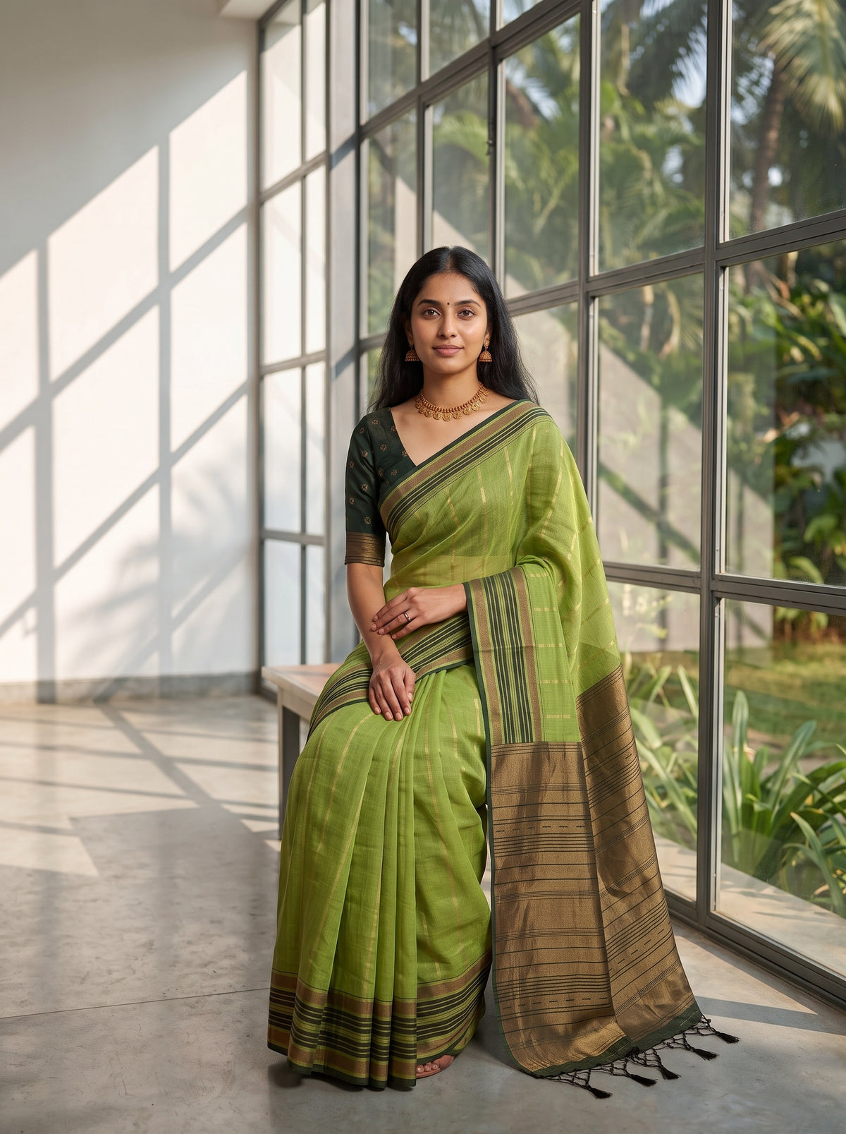 MIMOSA Parrot Green Banarasi Saree — pose 8 styling detail