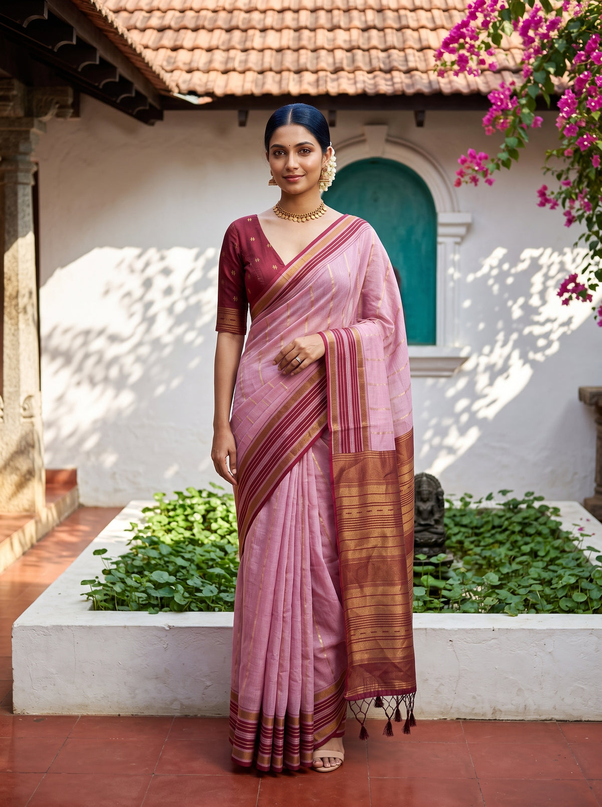 MIMOSA Pink Banarasi Saree — front view on mannequin