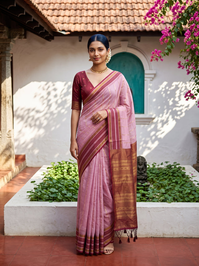 MIMOSA Pink Banarasi Saree — front view on mannequin