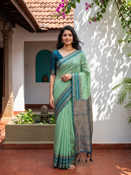 MIMOSA Rama Banarasi Saree — front view on mannequin