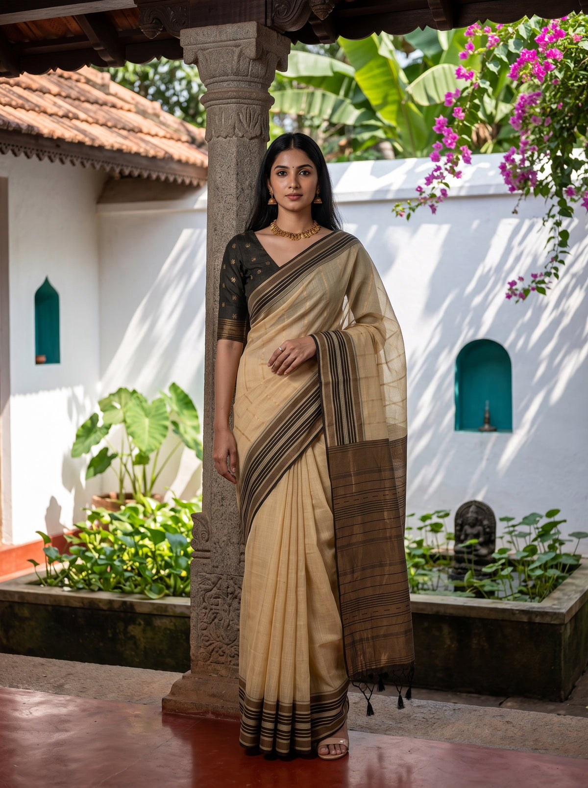 MIMOSA Tussar Banarasi Saree — front view on mannequin