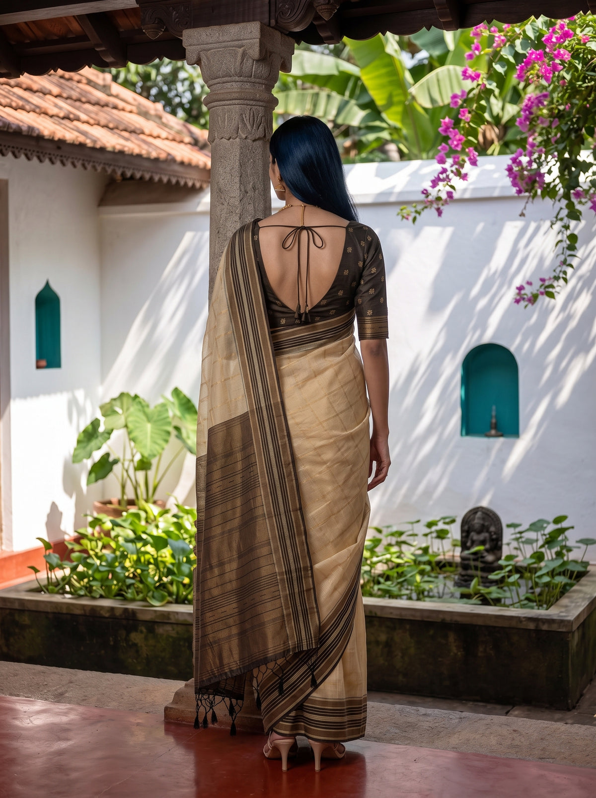 MIMOSA Tussar Banarasi Saree — pose 2 styling detail