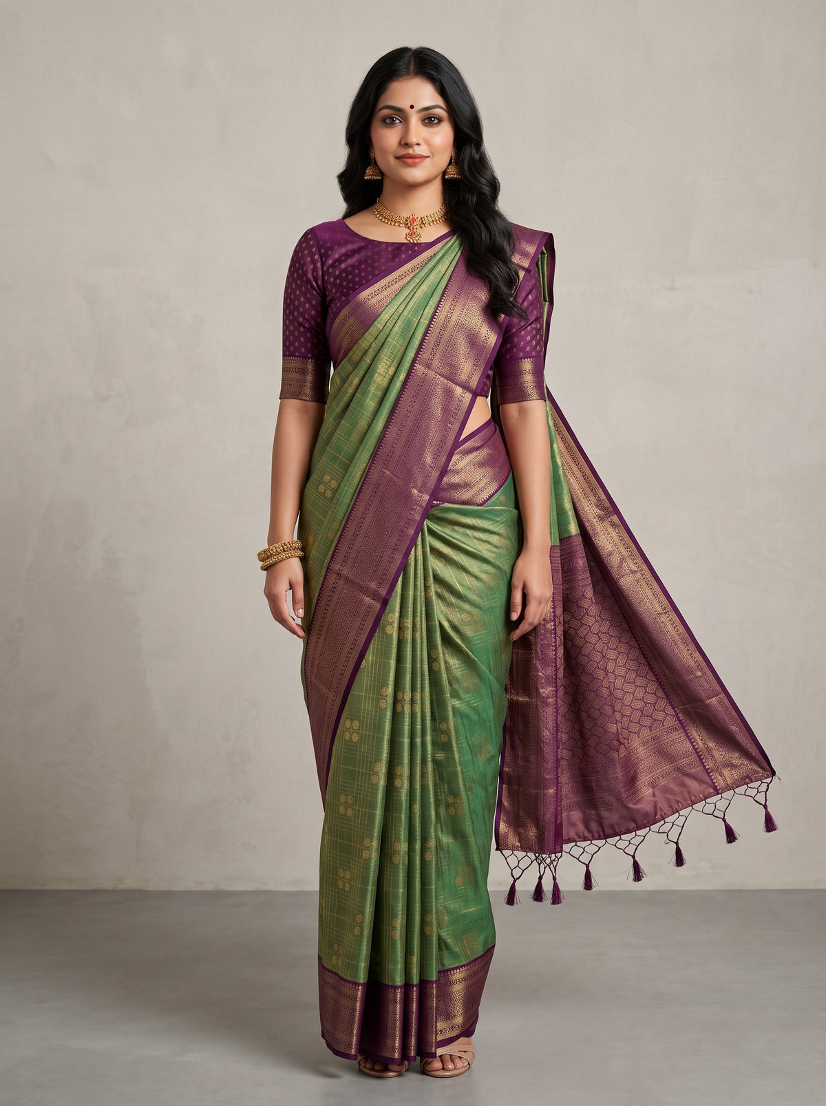 MIMOSA Bottle Green Kanjivaram Art Silk Saree — pallu and body shot