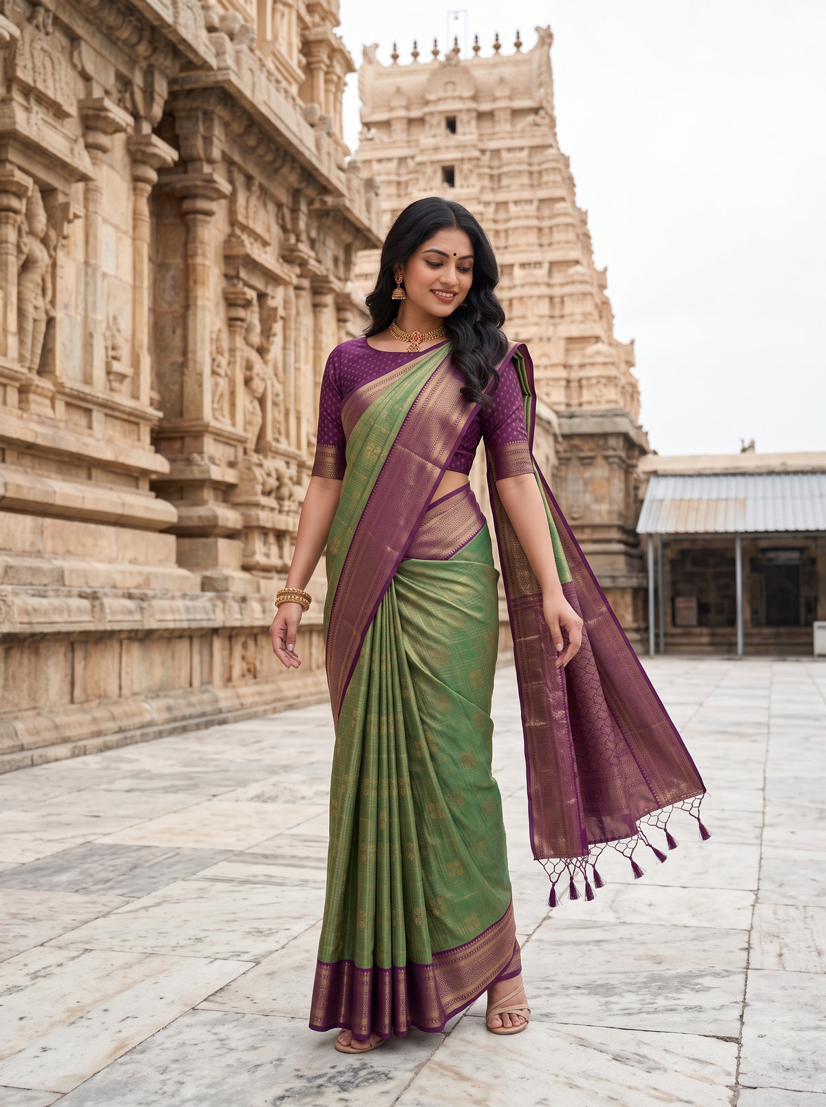 MIMOSA Bottle Green Kanjivaram Art Silk Saree — pose 9 styling detail