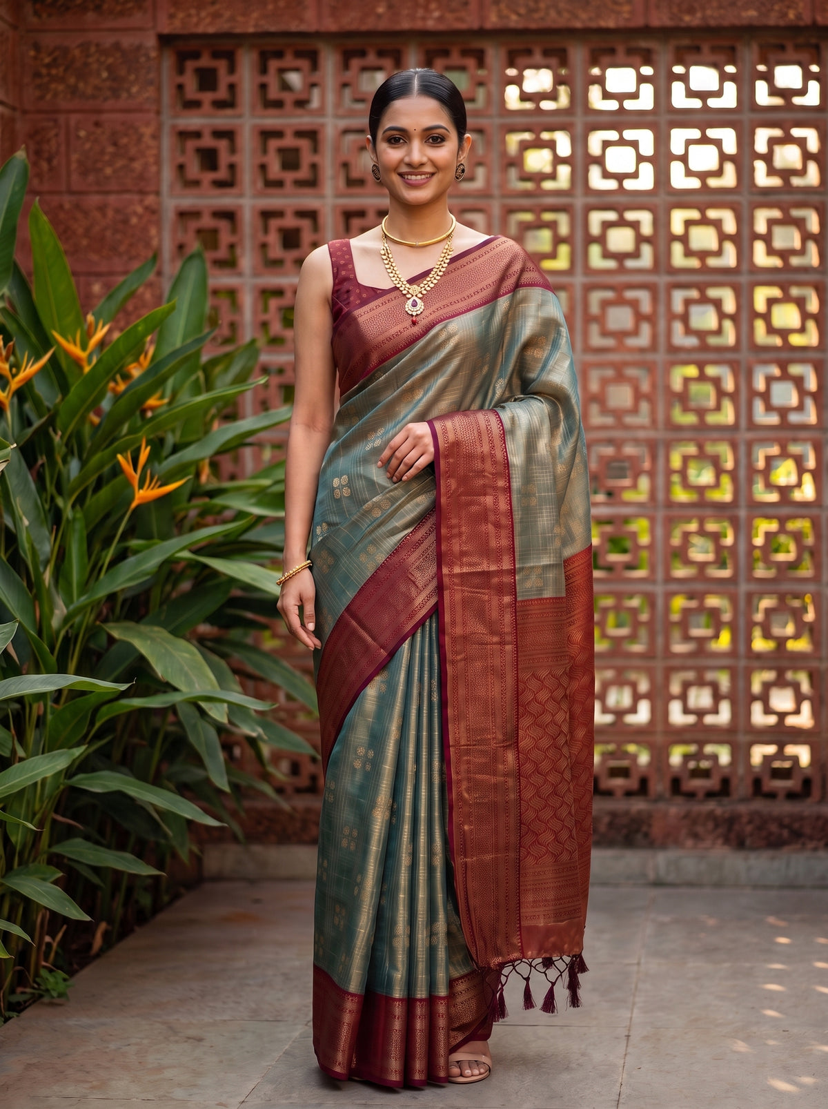 MIMOSA Sapphire Kanjivaram Art Silk Saree — pose 4 styling detail