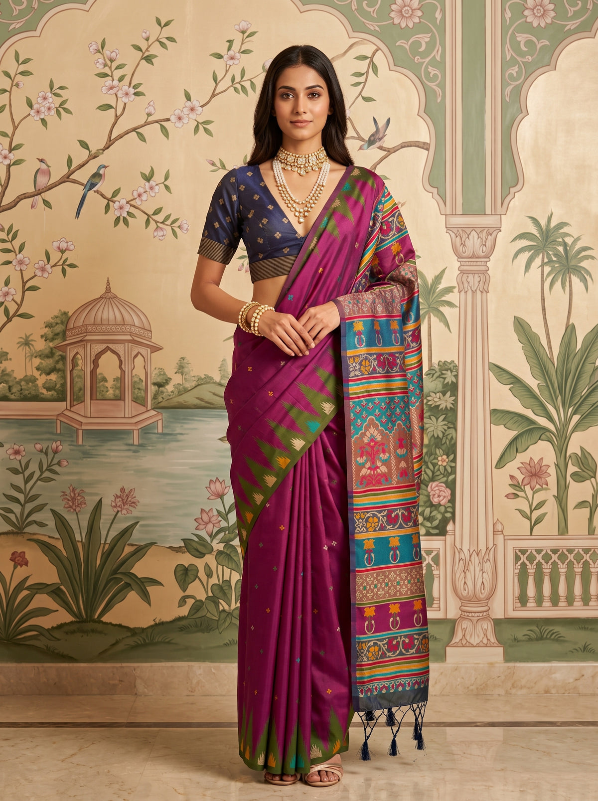 MIMOSA Magenta Berhampuri Saree — front view on mannequin