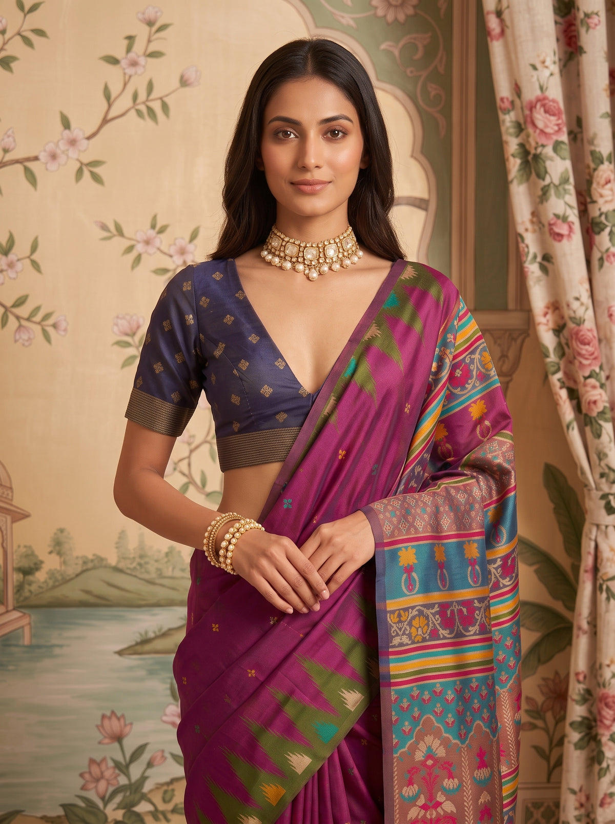 MIMOSA Magenta Berhampuri Saree — pose 10 styling detail