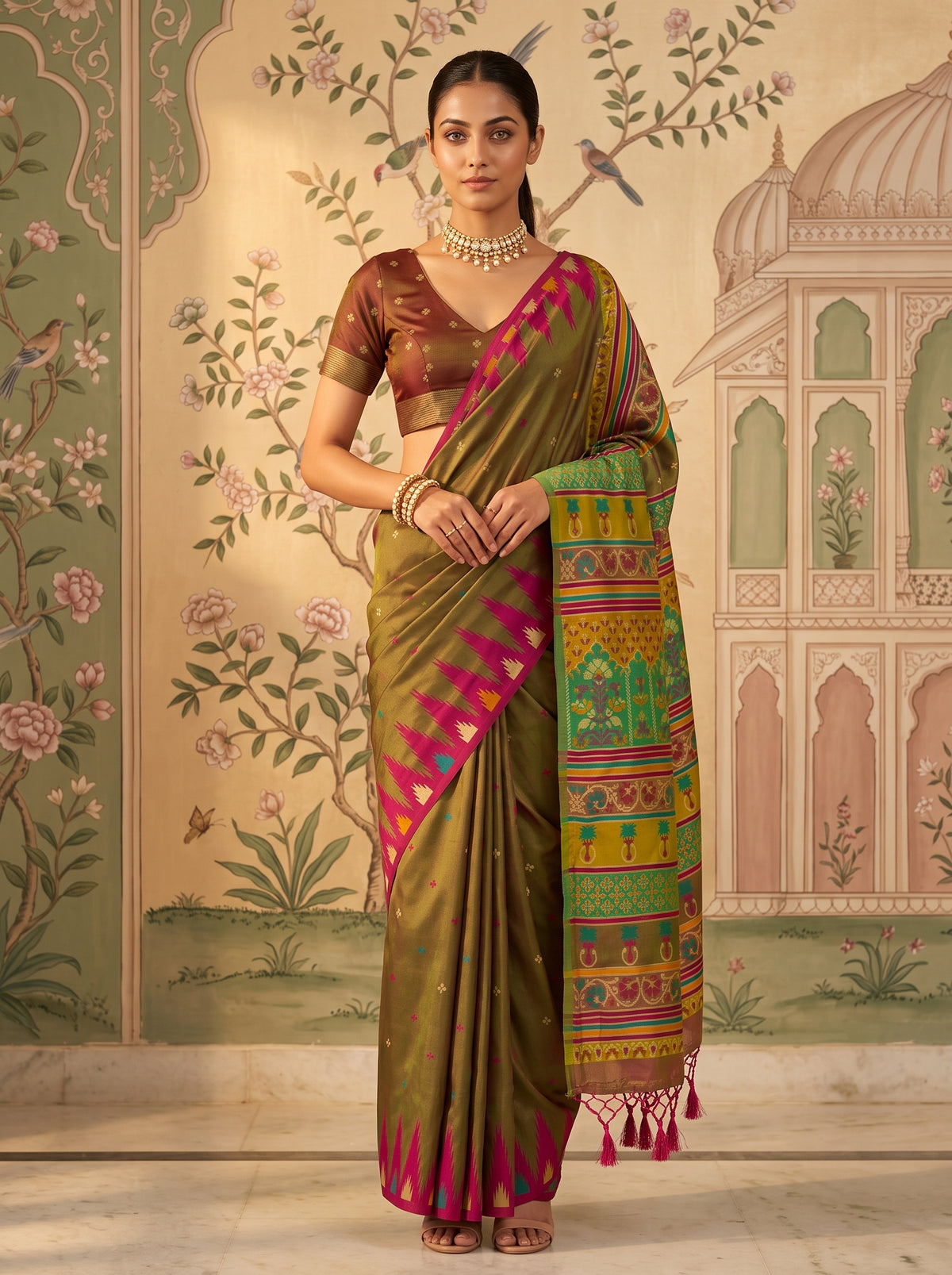 MIMOSA Olive Berhampuri Saree — front view on mannequin